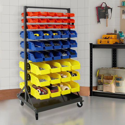 Dual-Sided 9-Tier Rolling Steel Bin Rack With 90 Plastic Bins On Wheels, Heavy-Duty Garage Storage Organizer, 450 Lbs Capacity