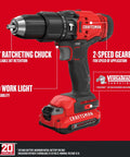 V20 Cordless Hammer Drill Kit With Half Inch Ratcheting Chuck, 25,500 BPM, 280 Watts Out, Two 2Ah Batteries, LED Work Light