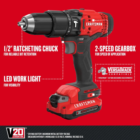 V20 Cordless Hammer Drill Kit With Half Inch Ratcheting Chuck, 25,500 BPM, 280 Watts Out, Two 2Ah Batteries, LED Work Light