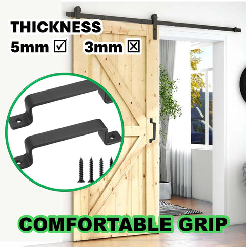 Heavy Duty Black Barn Door Handles 7.4 Inch Rustic Metal Pulls Two Pack For Sliding Doors Ideal For Garage Shed Gate Closet Drawer Indoor Outdoor Use Today installed on wooden barn door