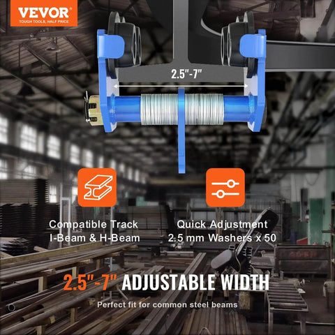 Manual Trolley for I Beams 2 Ton Load Capacity 4400 Lbs Dual Wheels Adjustable 2.5 to 7 Inches Flange Width in warehouse