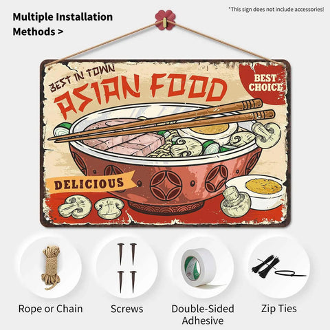 Kickin Retro Ramen Metal Sign Wall Decor For Kitchen And Home Office Asian Food Tin Sign with hanging kit, 8x12 inch
