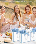 Three Pack Large Gift Bags With Handles No Fuss Gifting Ready 12.6 By 10 By 4 Inch Set in picnic scene, white with blue rim.