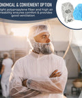 Person wearing Disposable Beard And Hair Net Kit For Food Service And Kitchen, Full Face Bouffant Hood Caps, in white.