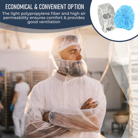 Person wearing Disposable Beard And Hair Net Kit For Food Service And Kitchen, Full Face Bouffant Hood Caps, in white.