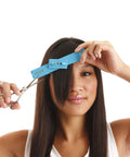 Effortless Home Hair Cutting Guide Designed For Lowkey Perfect Bangs And Seamless Salon Quality Diy Trimming Tool Set Of Two For All Hair Types Zero Hassle Quick Fix, woman using blue hair cutting guide.