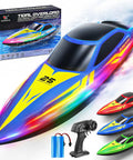 10 Inch Remote Control Boat With 7 Mode LED Lights For Lit Night Racing showing colorful hull and packaging