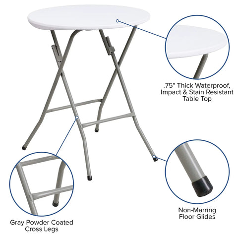 Two Foot Round Folding Event Table White Plastic Banquet Table For Indoor Outdoor Use with 0.75" thick waterproof top