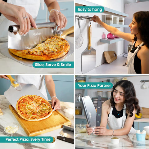Aluminum Pizza Peel And Rocker Cutter Set 12 By 14 Inch With Foldable Wooden Handle Lightweight Stainless Steel Finish Pizza Paddle For Oven And Outdoor Pizza Maker No Fuss Sliding And Lifting Includes Storage Bag
