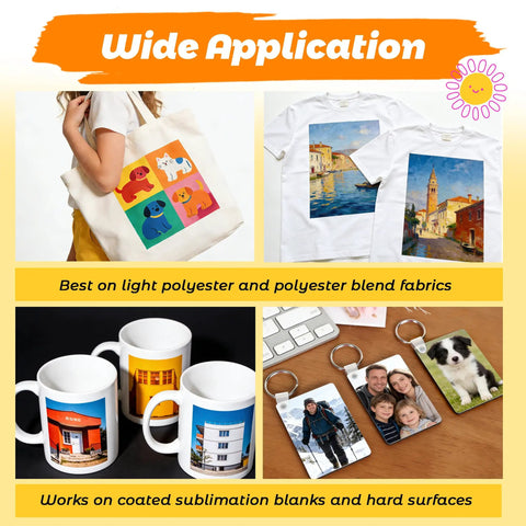 Wide application of sublimation on tees, mugs, and tote bags using Premium Sublimation Paper 8.5x11 Inch 110 Sheets Fast Dry