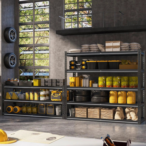 48 Inch Wide Heavy Duty Garage Shelving 5 Tier Storage Rack With Double Column Design For Maximum Stability And 3030 Lbs Load Capacity Ideal For Garage Organization And Heavy Tools Beefy Steel Construction Easy Assembly, loaded with tools