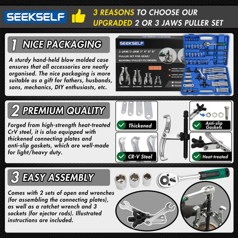 Heavy Duty Gear Puller Set With 2 Jaw And 3 Jaw Options, Ratchet Wrench And Sockets, Reversible Jaw, CrV Steel Construction