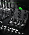 All In One 11 Piece Spark Plug Socket Set With Three Eighth Inch Drive Ratchet Gapper Universal Joint And Three, Six, Ten Inch Extensions Sizes Five Eighths Three Quarters Thirteen Sixteenths Fourteen And Eighteen Millimeter Six Point Sockets With Rubber in open case on black background.