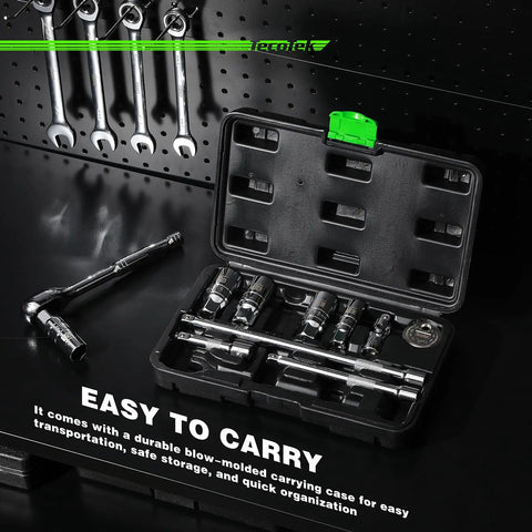 All In One 11 Piece Spark Plug Socket Set With Three Eighth Inch Drive Ratchet Gapper Universal Joint And Three, Six, Ten Inch Extensions Sizes Five Eighths Three Quarters Thirteen Sixteenths Fourteen And Eighteen Millimeter Six Point Sockets With Rubber in open case on black background.