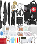 238-piece emergency survival kit with black MOLLE pouch; includes shovel, flashlight, knife, multitool, compass, rope.