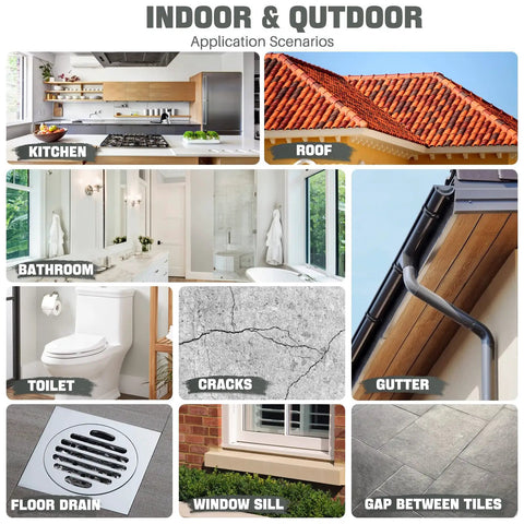 Rock Solid Waterproof Sealant 70 Oz Crystal Clear Leak Stopping Coating Kit with application scenarios for indoor and outdoor use.