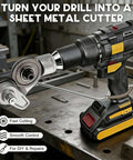 Cordless drill with titanium drill nibbler sheet metal cutter attachment, showcasing smooth and precise metal cutting on workbench