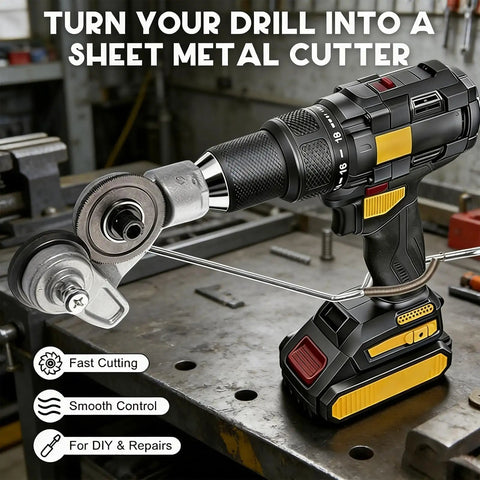 Heavy Duty Titanium Drill Nibbler Attachment For Sheet Metal Cutting on a cordless drill transforming it into a sheet metal cutter.