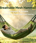 Breathable Mesh Camping Hammock With Ropes And Carry Bag For Outdoor Chill Super Comfy And Airy For All Day Relaxation person relaxing