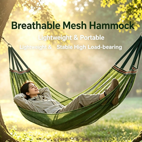 Breathable Mesh Camping Hammock With Ropes And Carry Bag For Outdoor Chill Super Comfy And Airy For All Day Relaxation person relaxing