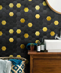 Peel And Stick Backsplash Honeycomb Tile Set For Walls Kitchen Bathroom And Fireplace Stainless Steel Look Gold Brushed Black Finish 5 Sheets Easy Cut And Install displayed above a bathroom sink.