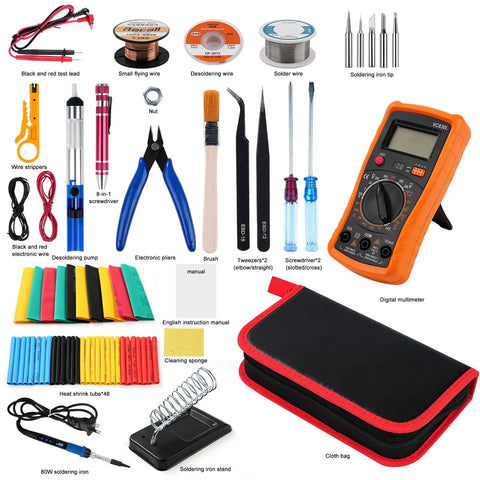 80W Soldering Iron Kit With Multimeter And LCD Temperature Display, 5 Iron Tips And 30 Tools For Electronics Repair, DIY Projects
