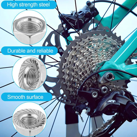 Close-up of bike wheel hub with 24 Piece Bicycle Nuts And Washers Kit With M8 M9.5 And M10 Sizes For Front And Rear Wheel Axles