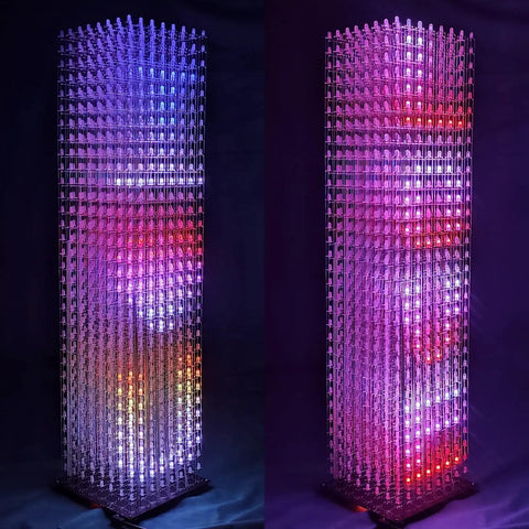 DIY LED Cube Kit For Soldering Projects With 8x8x32 RGB LEDs, Pre Soldered Mainboard And Pre Programmed Controller, Perfect For Electronics Courses And Hobbyists, Dynamic Lighting Effects And Easy Assembly. Two lit RGB LED towers