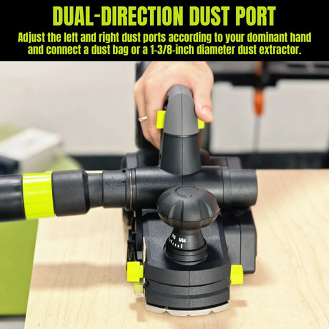 No-Fuss 20V Cordless Wood Planer With Included 4Ah Battery, features dual-direction dust port for easy dust management.