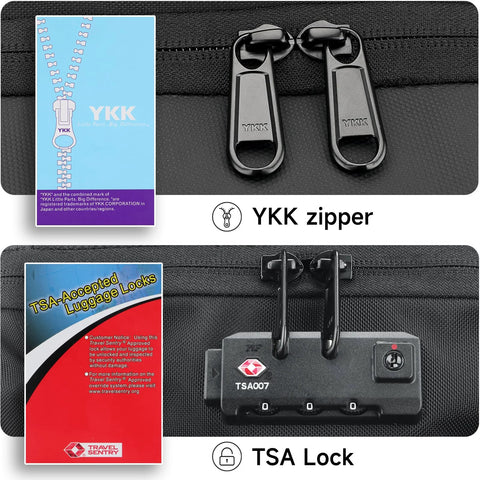 SWICKY RICOOI rolling backpack; close-up of YKK zipper pulls and TSA lock on black fabric