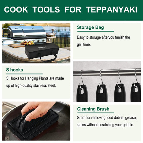 All In One 46 Piece Griddle Tools Set With Heavy Duty Stainless Spatulas And Plastic Handles For Flat Top Grills storage bag, S hooks, and cleaning brush displayed with a grill.