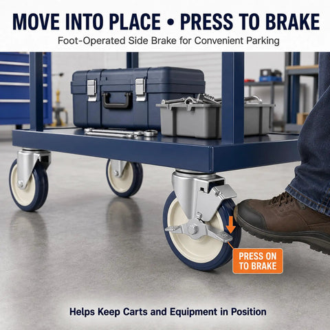 Smooth And Sturdy 5 Inch Rubber Caster Wheels In Blue featuring foot-operated brake for secure cart parking.