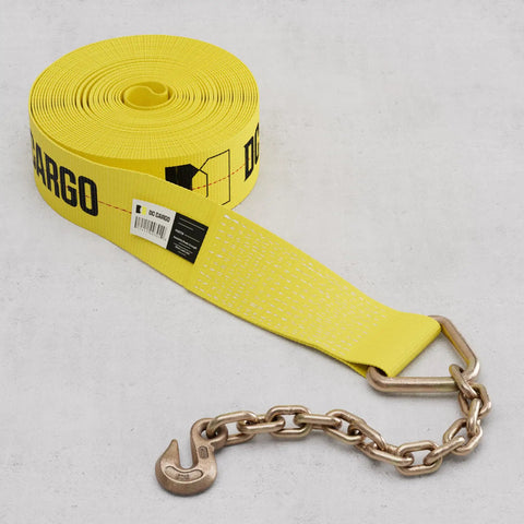 Beefy Two Strap System With 4 Inch By 30 Foot Heavy Duty Winch Straps With Chain End And Grab Hook For Flatbed Hauls 16200 Lbs Break Strength Industrial Grade Tie Downs Built To Lock Down Heavy Equipment