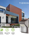 Ultra Bright LED Wall Pack Light Outdoor Security Wall Mount Fixture 28W 3000LM 4000K Daylight Dusk-to-Dawn Photocell outside modern house.