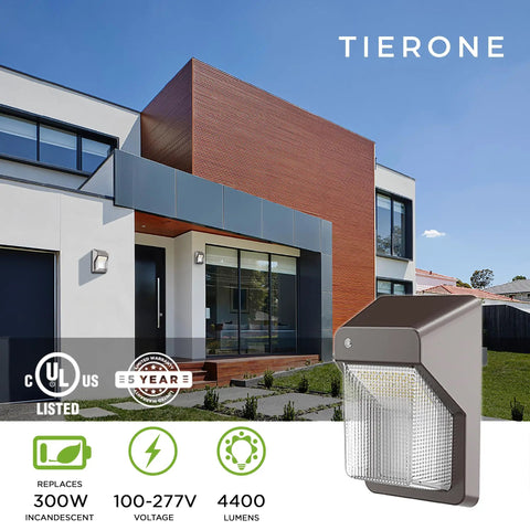 Ultra Bright LED Wall Pack Light Outdoor Security Wall Mount Fixture 28W 3000LM 4000K Daylight Dusk-to-Dawn Photocell outside modern house.