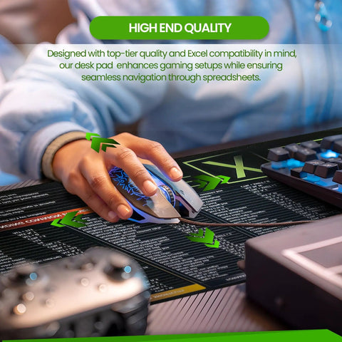 Person using mouse on Giant XL Excel Desk Pad With Shortcut Keys Cheat Sheet Workhorse For Office Grippy Surface Waterproof Mouse Pad Boss Level Spreadsheets And Productivity Boost 35 Point 5 By 15 Point 7 Inches