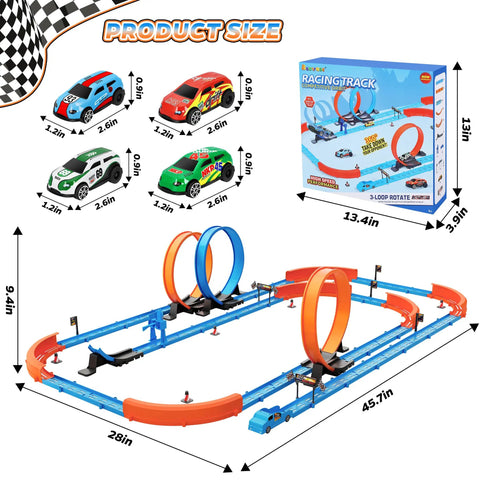 Dope Slot Car Race Track Set With 360 Degree Loops And Four High Speed Cars 64 Piece Large Flexible Raceway For Kids Ages 3 To 12