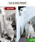 Pet Proof Toilet Paper Holder Cover Fits Mega And Standard Rolls Stops Cats And Dogs From Chewing Pulling Tearing Waste Keeps Baths Fresh Saves Your Stash Game Changer Fix before and after showing cat interaction.