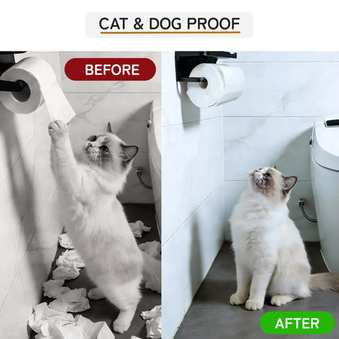 Pet Proof Toilet Paper Holder Cover Fits Mega And Standard Rolls Stops Cats And Dogs From Chewing Pulling Tearing Waste Keeps Baths Fresh Saves Your Stash Game Changer Fix before and after showing cat interaction.