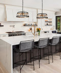 Dope Black And Gold 3 Light Drum Pendant Chandelier With Hollow Metal Shade, 15 Inch Round Ceiling Light in modern kitchen