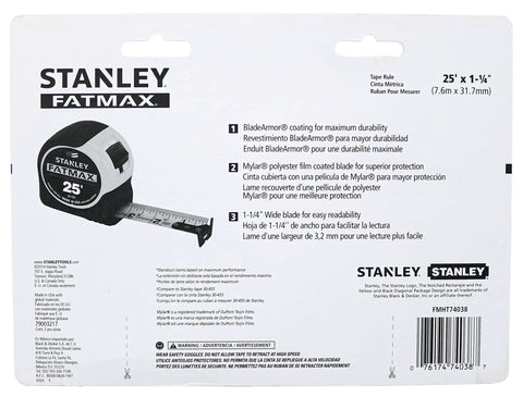 Back packaging of FatMax 25 Foot Tape Measure 2 Pack with 11 Foot Standout and One and a Quarter Inch Wide Blade, Blade Armor Coating