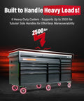 Side view of 72 Inch Heavy Duty Mobile Tool Chest On Wheels With Solid Wood Top Workbench, 15 Drawer Rolling Tool Storage Organizer For Garage, Shop And Home Built Tough With A Durable Black Finish, supporting 2500 lbs on casters.