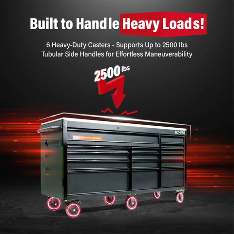 Side view of 72 Inch Heavy Duty Mobile Tool Chest On Wheels With Solid Wood Top Workbench, 15 Drawer Rolling Tool Storage Organizer For Garage, Shop And Home Built Tough With A Durable Black Finish, supporting 2500 lbs on casters.