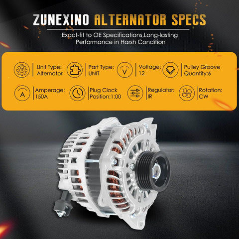 Alternator 11273 150 Amp For Ford Fusion 2010 2011 2012 V6 3.5L and Edge 2007-2014, 12V, front view showing 6-groove pulley