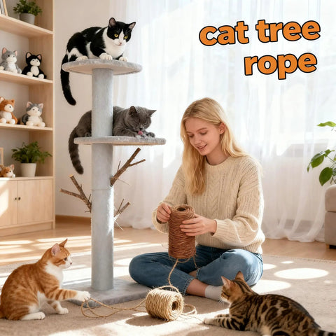 Woman with natural sisal rope and cat tree, surrounded by cats, for Natural Sisal Rope Replacement For Cat Tree And Scratching Post 164Ft Durable Scratcher Rope To Refresh Cat Furniture And Redirect Scratching From Your Home Keep It Purr Ready And Cat Approved.