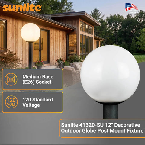 12-Inch Outdoor Post Mount Light Fixture With E26 Socket White Frosted Globe Black Base Weatherproof Wet Rated UL Listed Fits Standard 3-Inch Post Post Not Included shown near a modern home.