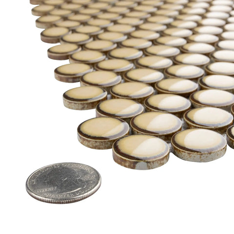 Hudson Penny Round Caffe Porcelain Mosaic Tile 11-7/8 In By 12-5/8 In Mesh Mounted with quarter for size comparison