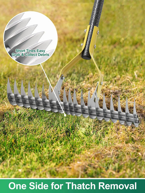 2-In-1 Dethatching Rake For Lawns With Adjustable Head And 55-Inch Heavy-Duty Metal Construction, 19-Tooth Blade in use