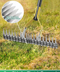 2-In-1 Dethatching Rake With Adjustable Head And 19 Tooth Heavy Duty Metal Tines For Deep Thatch Penetration, Moss Removal