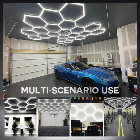 Hexagon Garage LED Lights 30 Pack Ultra Bright 420W 63,000 Lumen 5000K Daylight For Workshop Shop Car Care Home Gym Basement Warehouse Seven Grid Hex Light installed in garage and other settings